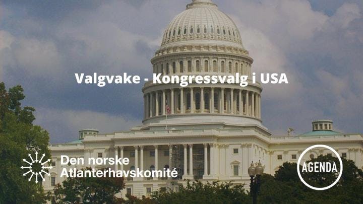 Bilde av kongressbygningen i USA med tekst og logoer over