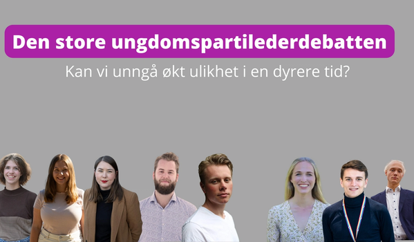 Ungdomspartilederne fra venstresiden til Høyresiden foran en grå bakgrunn. Med overskrift "Den store ungdomspartilederdebatten".