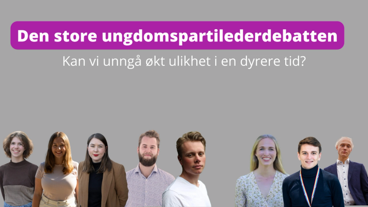 Ungdomspartilederne fra venstresiden til Høyresiden foran en grå bakgrunn. Med overskrift "Den store ungdomspartilederdebatten".
